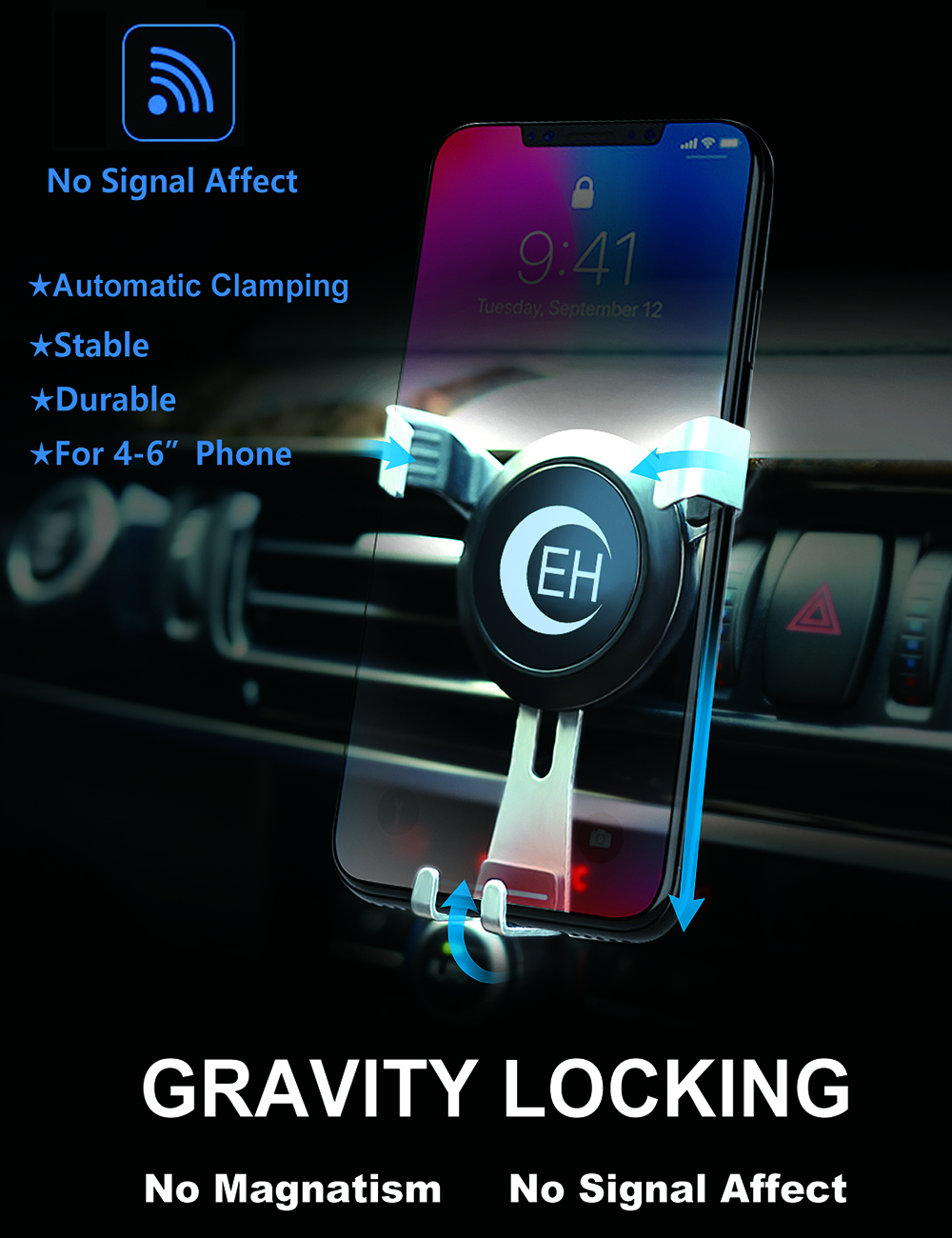 Universal Air Vent Car Phone Mount Cradle Three Side Grips Phone Holder Gravity Sensoring One-Handed Performance Compatible with iPhone XR XS XS MAX X 8 8 Plus 7 7 Plus 6s 6 Plus 6 Samsung Galaxy Google Pixel HTC LG Huawei Xiaomi