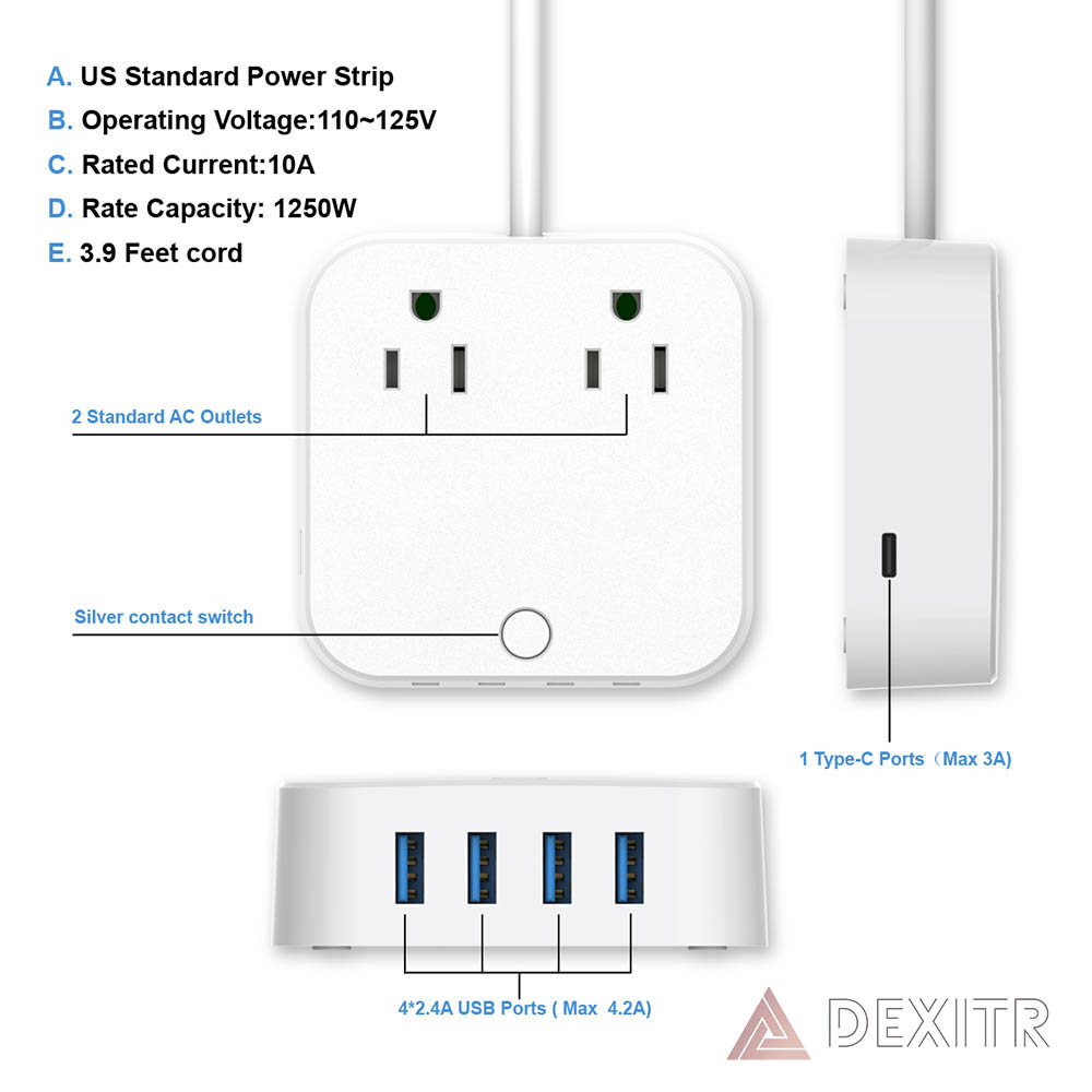 Type C Charging Port 2 Outlet Surge Protector Power Strip with USB Smart Charger 3.9ft Long Extension Power Cord Portable Travel Charger Station White