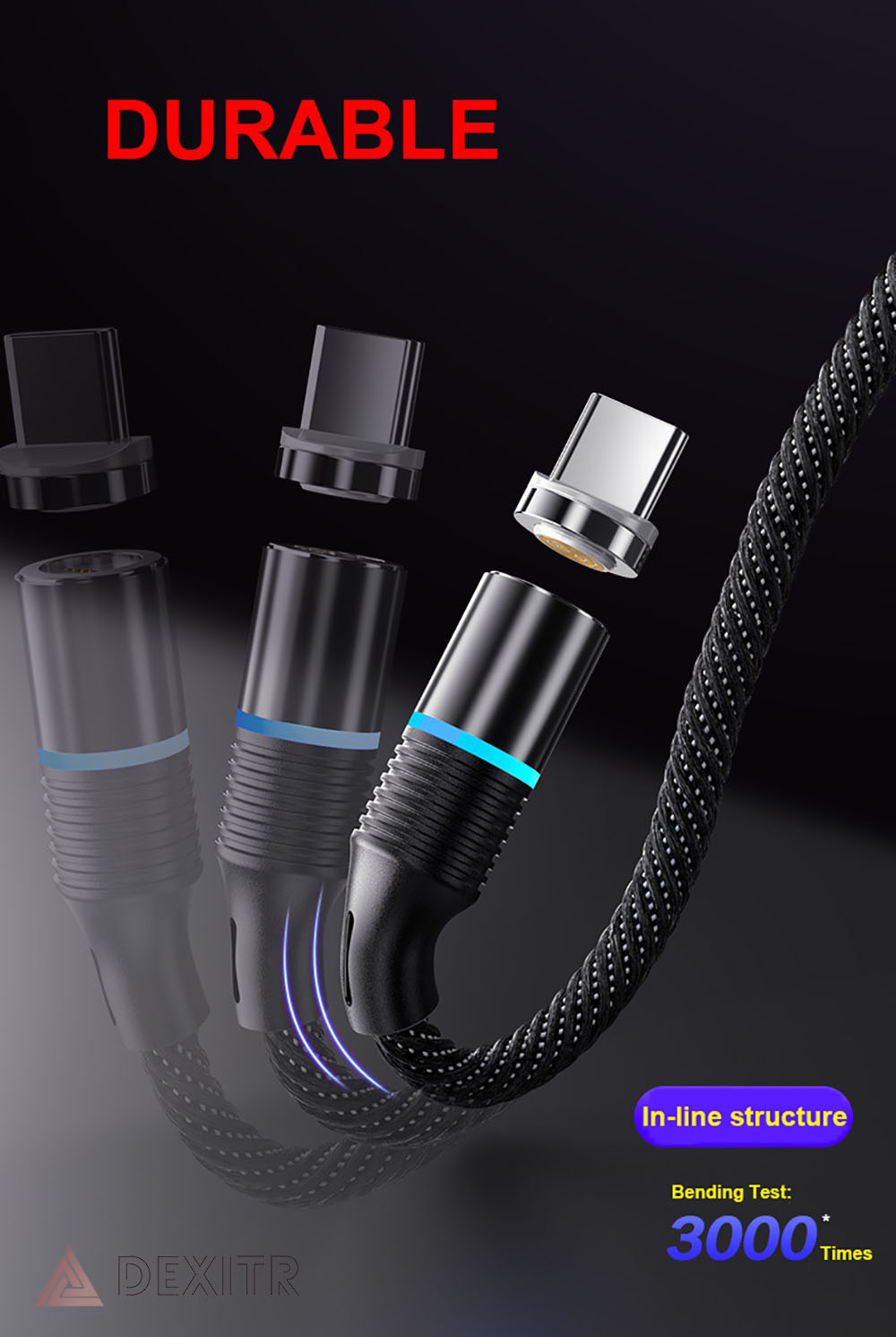 Magnetic Phone Charger Cable 3 in 1 Nylon Braided USB Fast Charging & Data Syncing Cord Durable Easy-Use LED Light Compatible Lightning Micro USB Type C Smartphone Tablet and Other Devices